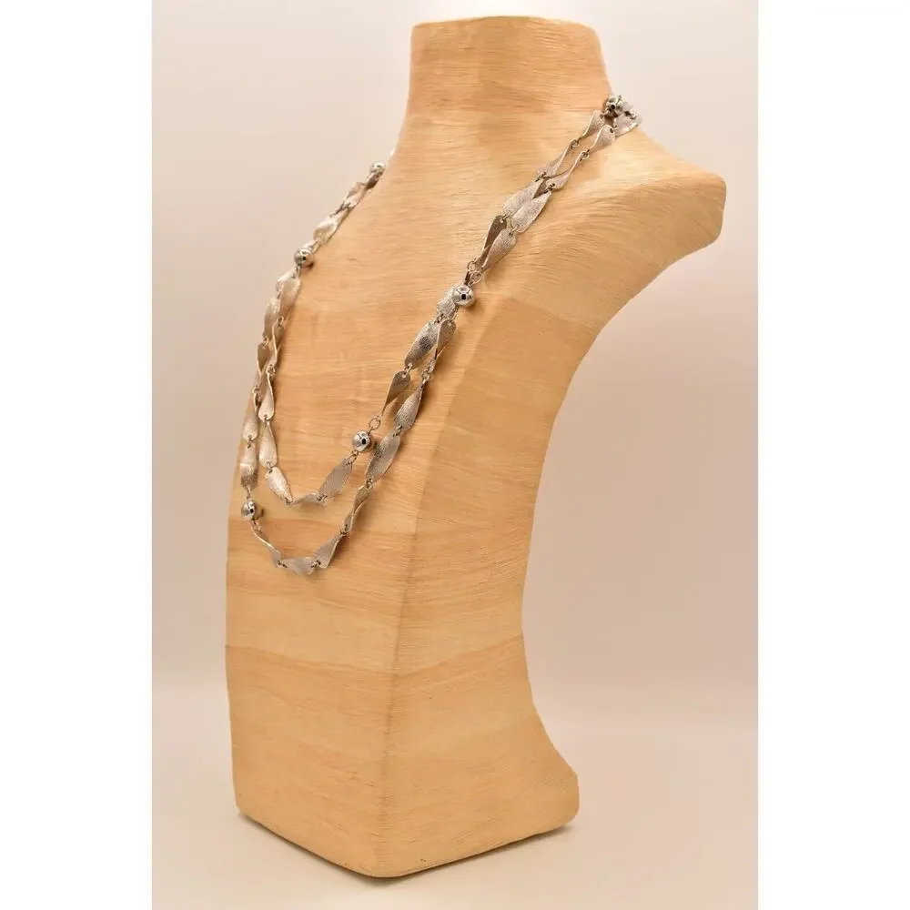 Vintage Linked Necklace Silver Tone Metallic Long Chunky Textured 1980s BinBE